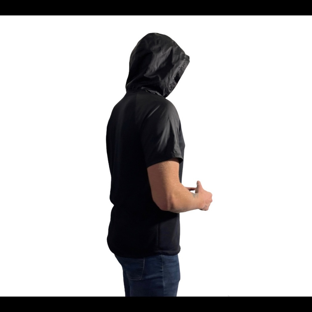 Mens shirt dry fit fabric with windbreaker style hood under armour
